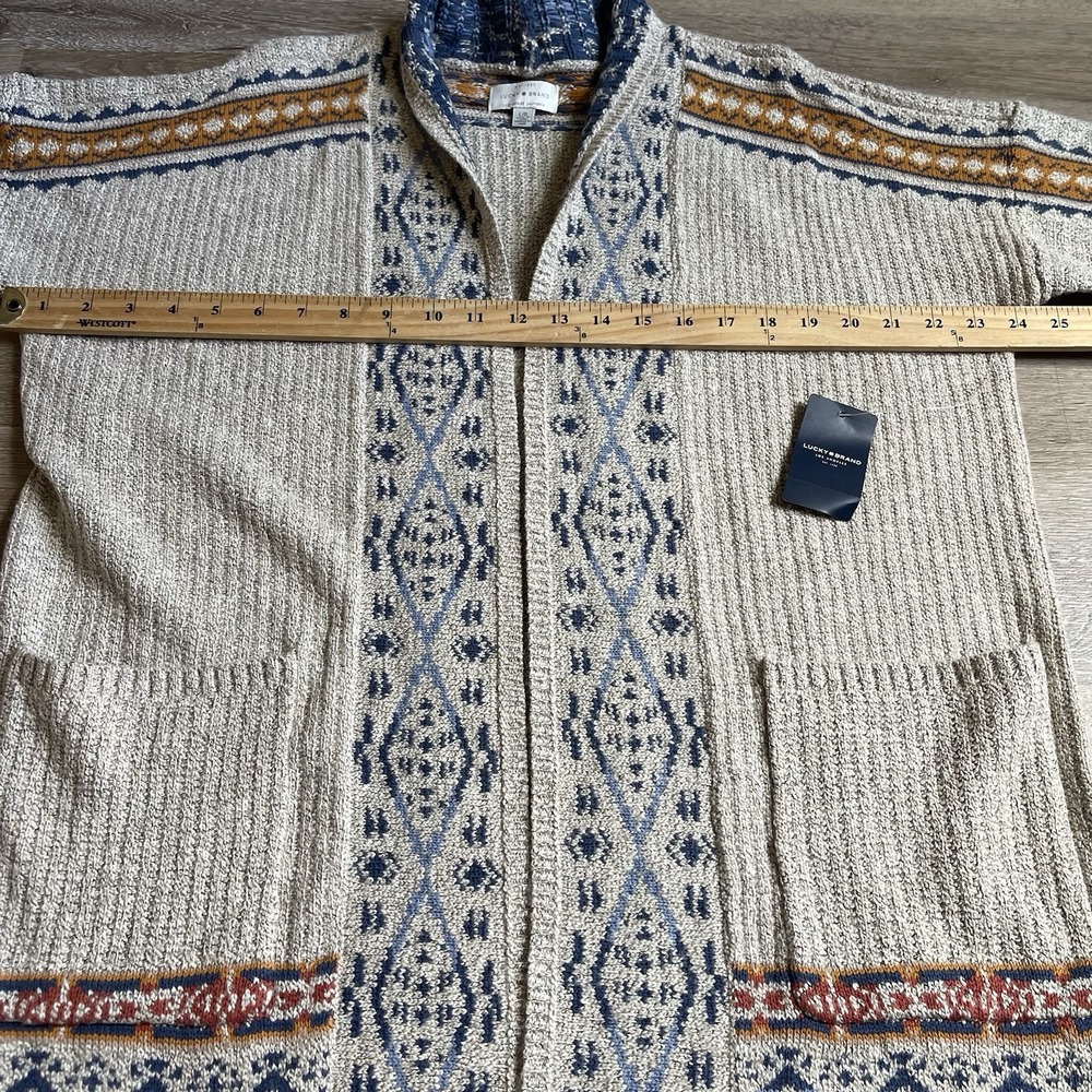 Lucky Brand Cardigan Women L Open Front Geometric Aztec Beige Boho Pockets Long - Picture 3 of 10